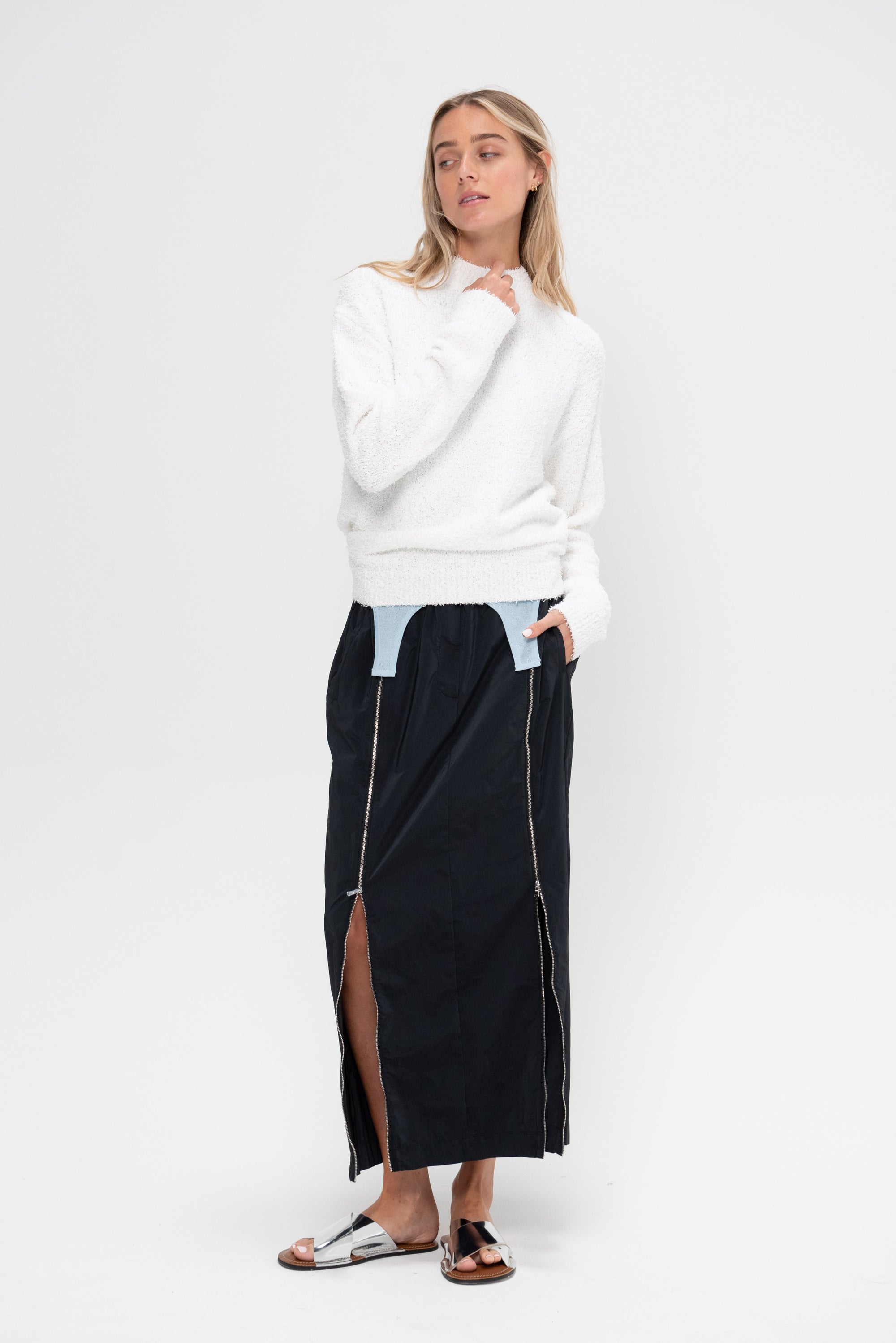 Nylon Zipper Maxi Skirt, Black