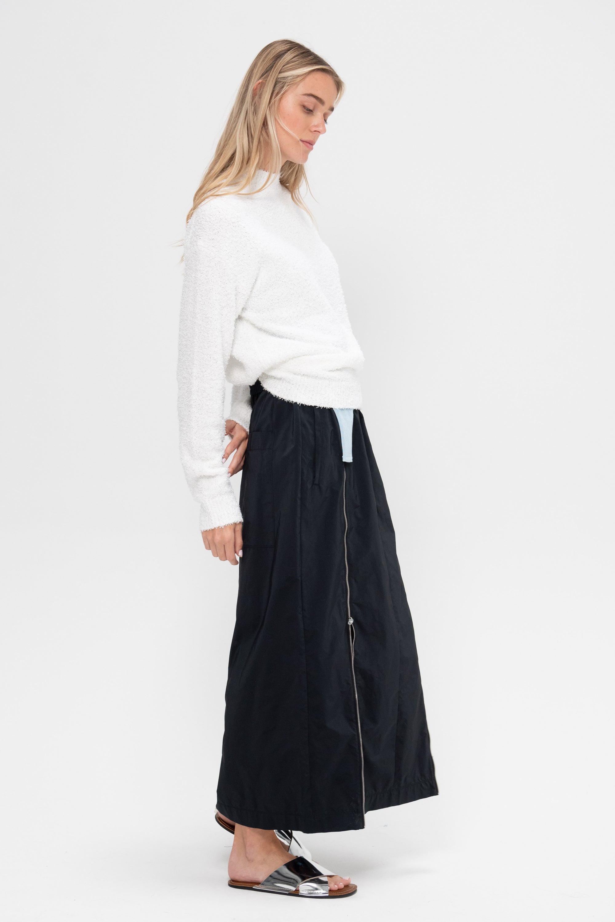 Nylon Zipper Maxi Skirt, Black