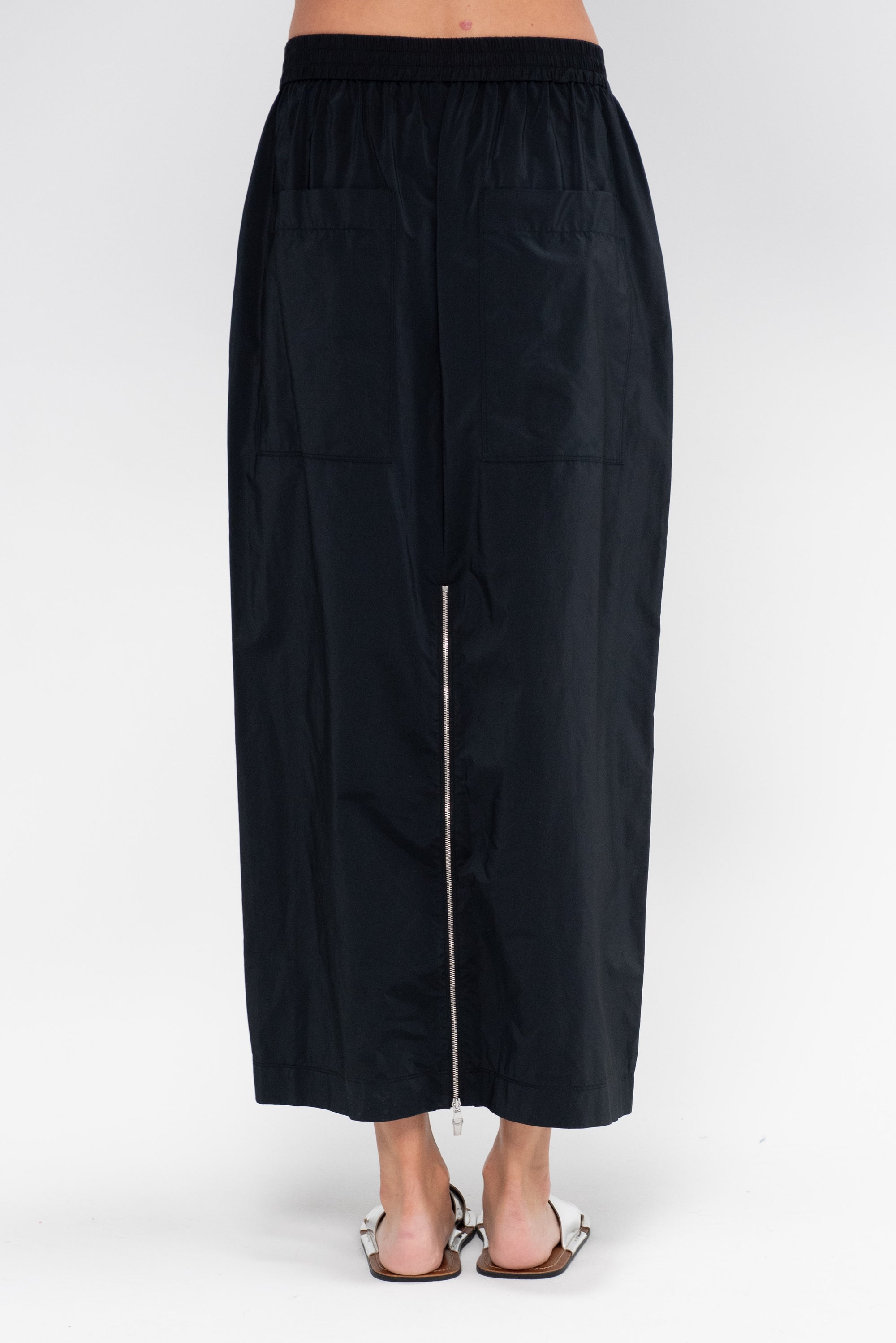 Nylon Zipper Maxi Skirt, Black