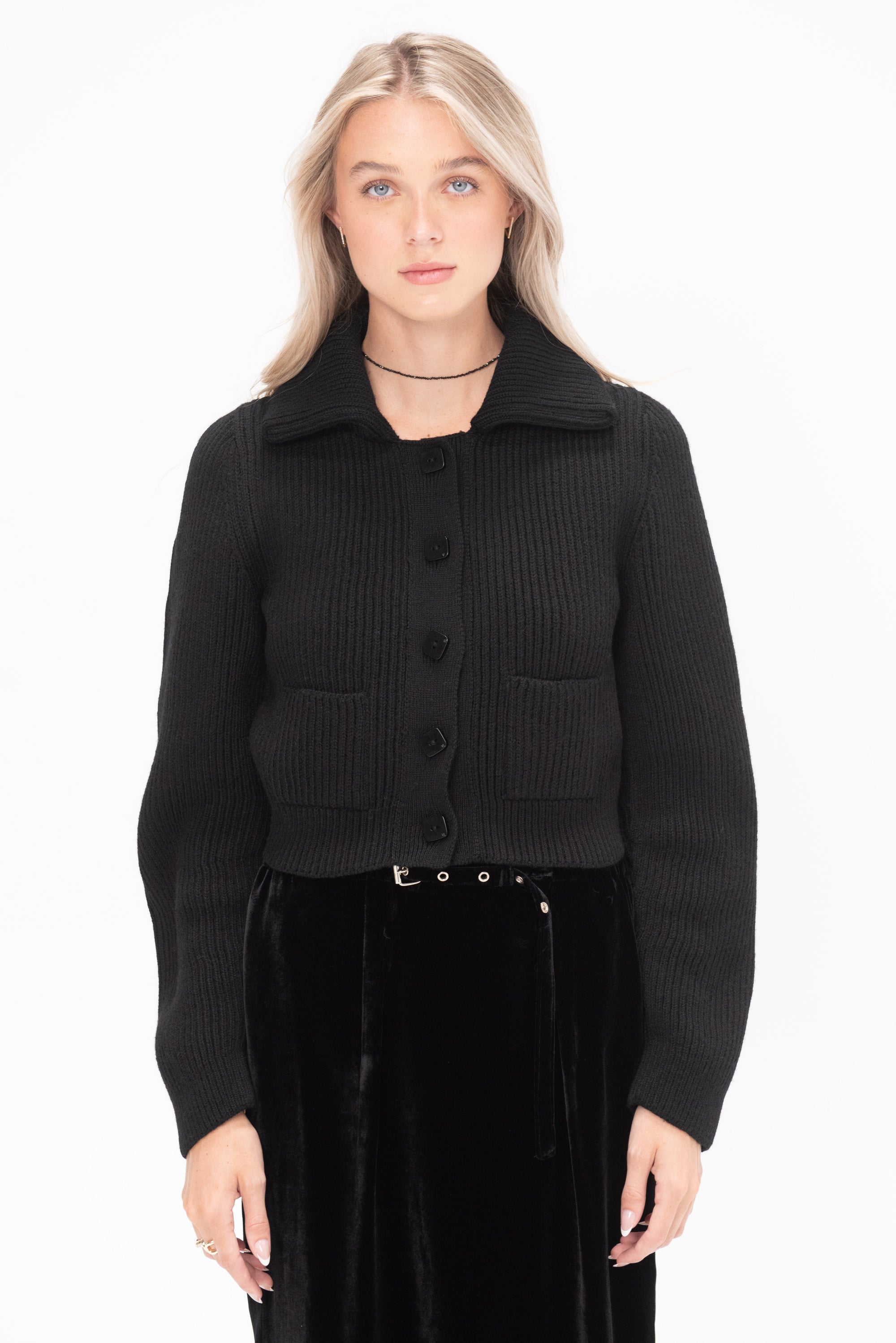 VERONIQUE LEROY - Wavy Sleeve Knit Jacket, Black