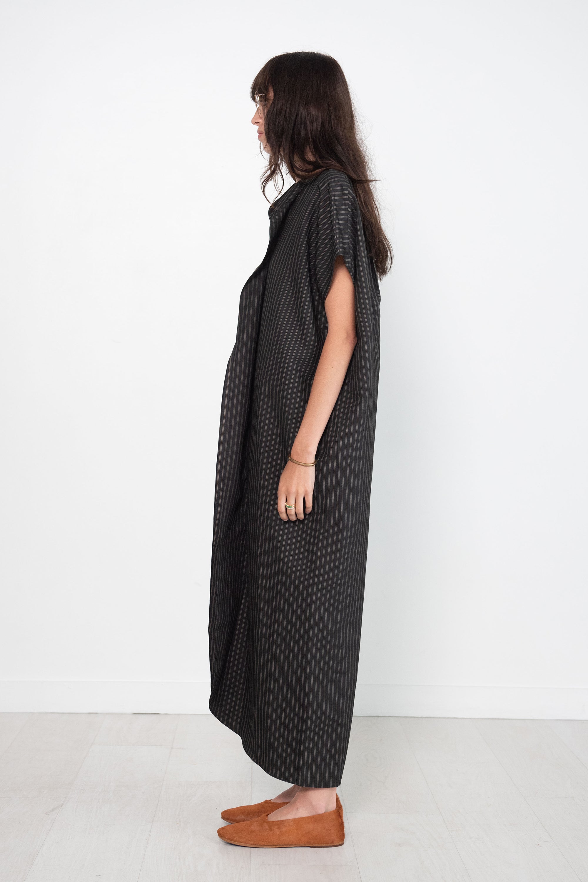 LONG FIN GABAN DRESS, DUO PINSTRIPE BLACK