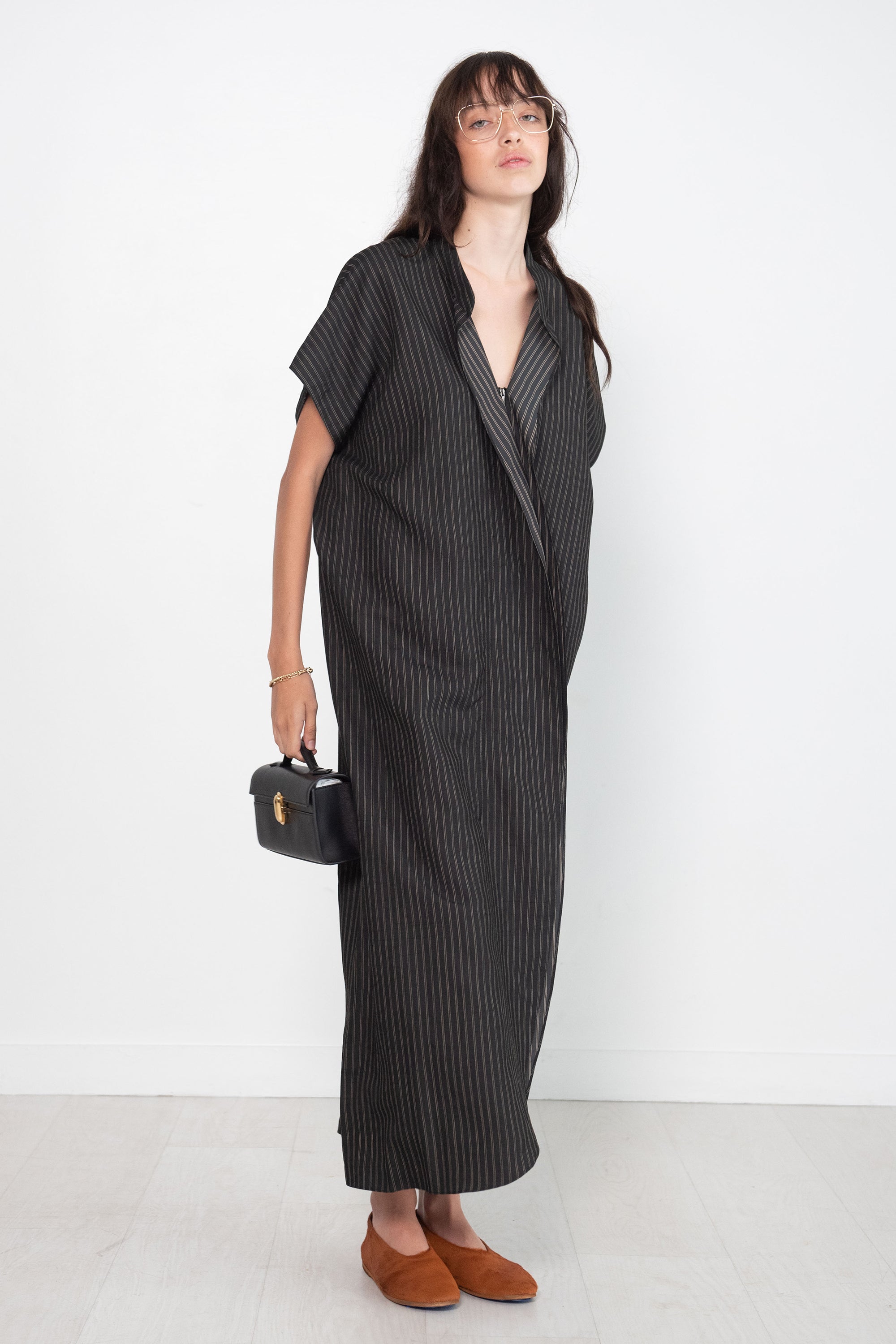 LONG FIN GABAN DRESS, DUO PINSTRIPE BLACK